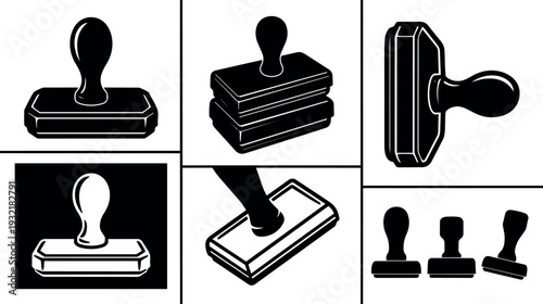Minimalist icon stamp set close up rubber stamp handle angled view office document approval ink pad silhouette black white vector