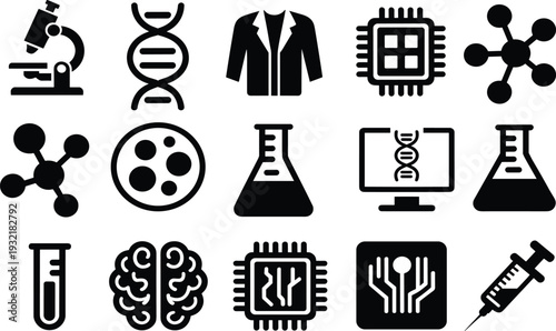 Scientific Research and Medical Innovation Icon Set Featuring DNA Microscope and Technology Symbols on White Background