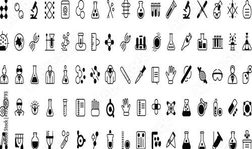 Scientific Research Laboratory Equipment Icons Set Including Microscope Flask DNA and Scientist Illustrations for Science Projects