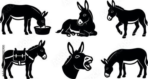 Silhouette vector set of six donkey poses side view resting eating braying pack saddled simple flat black icons minimal illustration