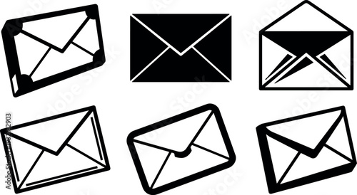 Minimalist flat vector mail icon set six black envelope silhouettes variety of angles close up isolated on white background clean