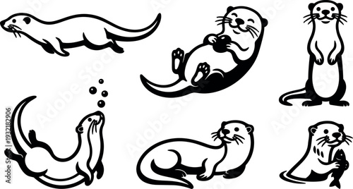 Line art playful otter character set six poses close up simple contour vector illustrations for stickers logos and apparel design