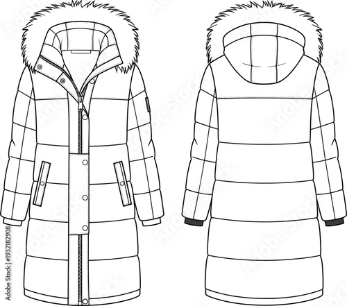Women's winter puffer coat flat sketch with hood, fur trim, technical fashion drawing, front and back view illustration for designers