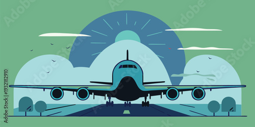 Stylized flat design illustration of a commercial jet airplane on a runway with clouds and sunburst