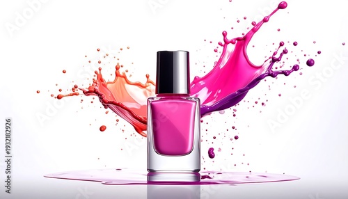 Pink nail polish bottle centered with vibrant liquid splash effects