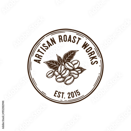 Vintage circular coffee bean and leaves logo for roastery Artisan Roast Works