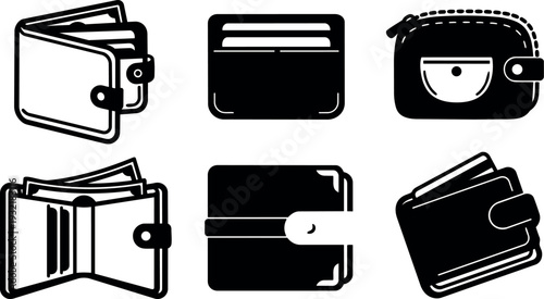 Flat icon wallet set showing six black and white vector illustrations of open closed card pocket views minimal front angled