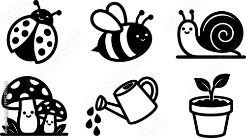 Flat design close up garden insect and plant icon set with watering can and mushroom silhouettes simple black vector isolated