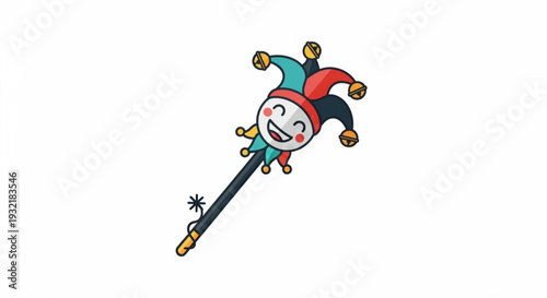 A colorful cartoon jester character flying with a magic wand smiling and joyful in a playful scene