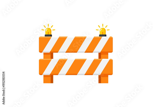 Construction barrier with flashing lights, warning of road work and safety precautions