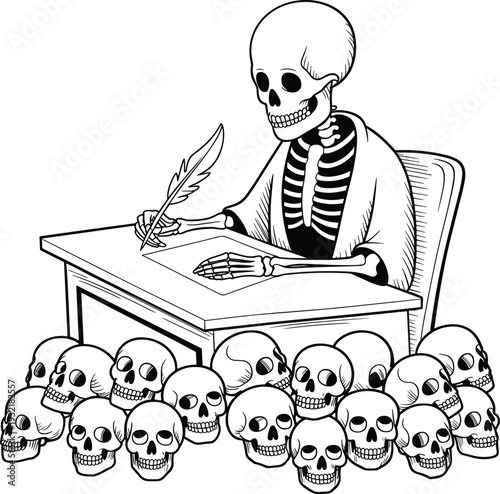 Black and white illustration of skeleton writing at desk with quill pen, surrounded by skulls, surreal gothic artwork symbolizing death, mortality, and passage of time