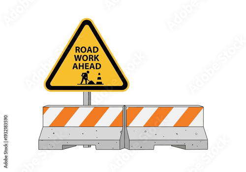 Road work ahead construction sign and traffic barriers warning of potential hazards