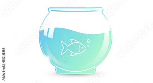 A teal colored fishbowl with a white fish swimming inside on a plain white background with soft lighting