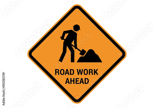 Cautionary road work ahead sign indicating construction and potential delays for drivers