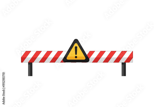 Construction barrier with warning sign illustrating caution and safety measures on a white background