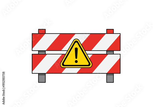 Construction barrier with a yellow warning sign in a cartoon illustration style