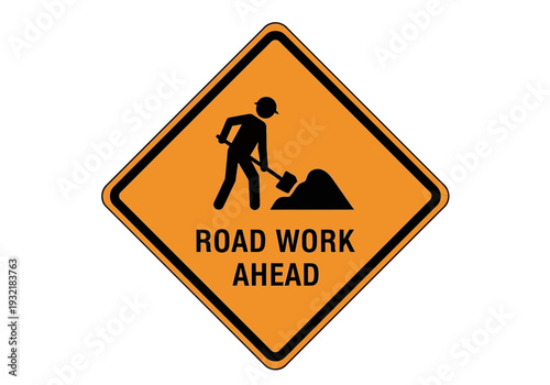 Road Work Ahead Warning Sign with Construction Worker Symbol for Safety and Traffic Alerts