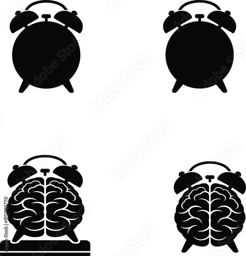 Brain alarm clock icon set for cognitive health morning routine and productivity concepts