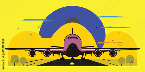 Flat design illustration of an airplane taking off from a runway during a vibrant yellow sunrise