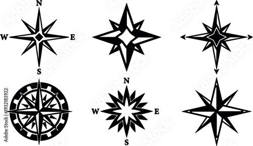 Minimalist nautical compass rose vector icon set six variations top view north arrows radial points flat black silhouettes isolated eps