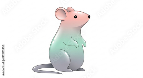 Cute cartoon mouse with pink face and gradient greenish gray body sitting upright on hind legs looking right