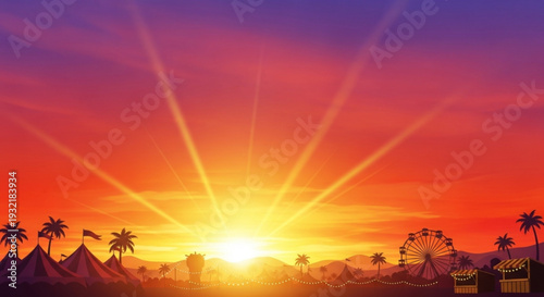 Vibrant sunset over a lively festival scene with tents and a ferris wheel