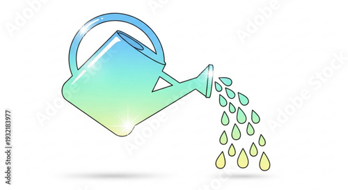 Colorful watering can pouring water droplets on white background symbolizing growth and gardening
