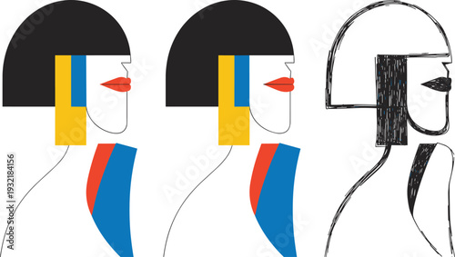 Abstract geometric illustration of three stylized human face profiles in bold colors and textured sketch style, showcasing minimalistic modern art design and creative variation