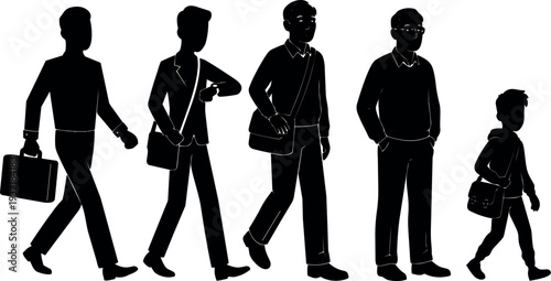 Silhouette vector art side view row of walking figures business man with briefcase casual man with bag young school boy