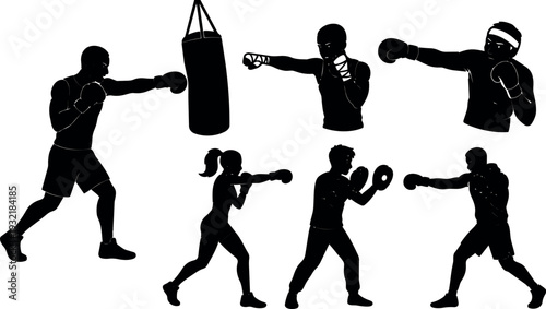 Silhouette vector composition multiple boxers throwing punches in training session side view minimalist gym flat monochrome dynamic poses high contrast athletic