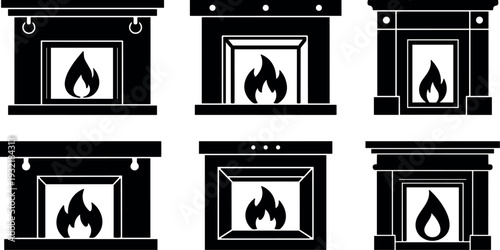 Flat design set of six fireplace icons front view mantel variations black silhouette vector art for web and print editorial