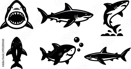 Silhouette shark icon set various poses close up jumping biting side view minimalist vector art for marine branding logo badge