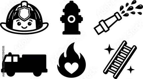 Flat design set of firefighting icons including smiling firefighter helmet hydrant hose spraying fire truck heart flame ladder isolated silhouette