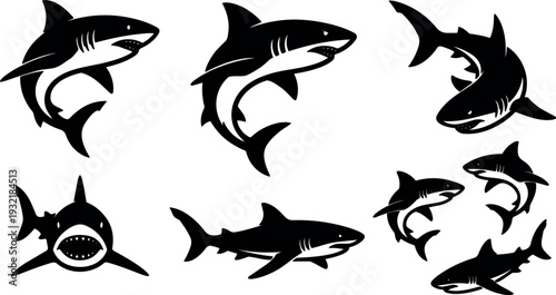 Flat design dynamic shark silhouettes set showing multiple angles and swimming poses in black vector icons side front aggressive minimal