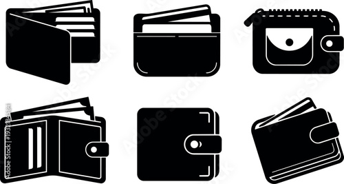 Minimalist flat wallet icon set six black silhouette views close up front back side three quarter angle vector isolated editable
