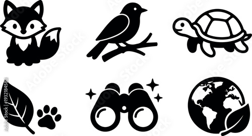 Flat design black silhouette icons set fox bird turtle leaf paw binoculars globe isolated vector for web and print clean