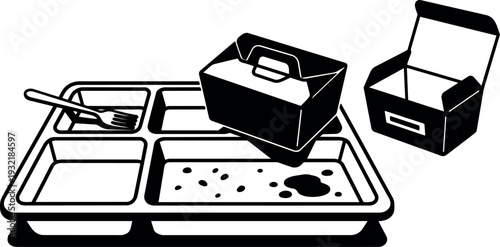 Minimalist black and white vector cafeteria tray with spoon compartment school lunchbox open takeout box top view mono flat