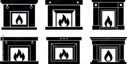 Flat design minimal fireplace icons set six variations close up simple mantel silhouette vector on white background black studio isolated