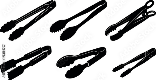 Minimalist silhouette vector of kitchen tongs seven angles close up top view flat black icons isolated on white background simple