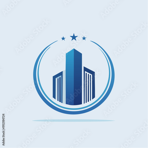 Modern Blue Skyscraper Logo With Stars and Circle Emblem