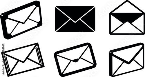 Flat minimalist design close up of six tilted envelope mail icons in black and white isolated vector icon set collection