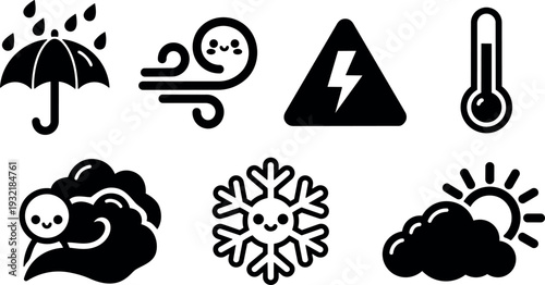 Flat minimalist weather icons set umbrella rain wind lightning thermometer fog snowflake sun cloud vector pack for ui and print