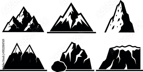 Flat design silhouette mountain icon set showing six different peaks and ridgelines in black and white contrast vector low angle