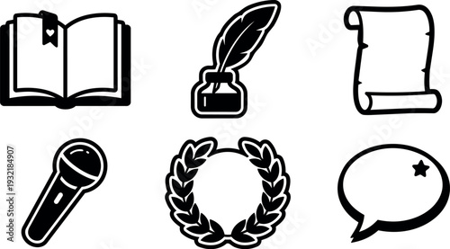 Line art flat icon set six black stroke symbols book quill ink scroll microphone laurel wreath speech bubble on white