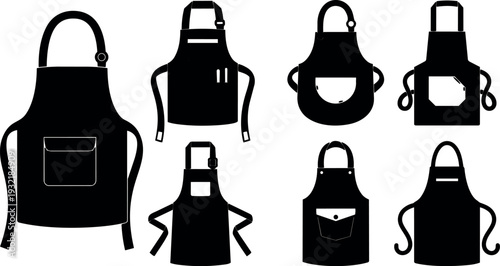 Flat silhouette apron set showing front and back views with pockets straps ties hanging isolated on white background kitchen studio