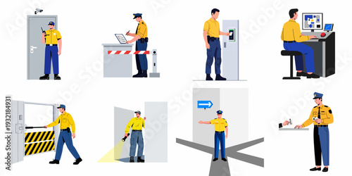 Collection of security guards performing various duties: surveillance, access control, patrolling, and monitoring, illustrating comprehensive protection services.