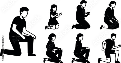 Flat silhouette vector set showing diverse kneeling figures in various poses including prayer exercise lunge profile and side views studies