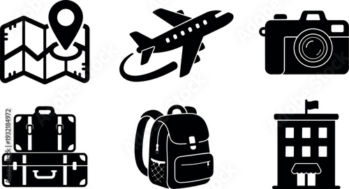 Flat design travel icon set map pin airplane camera luggage backpack hotel collection simple black silhouettes for web and print