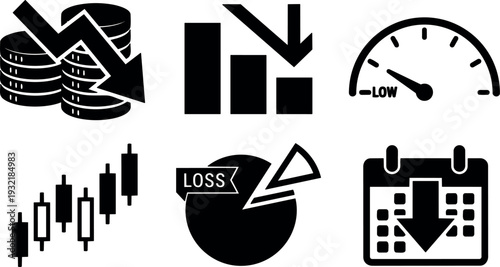 Flat design finance icons showing stacked coins falling bar chart speed gauge candlestick loss pie chart and calendar market overview
