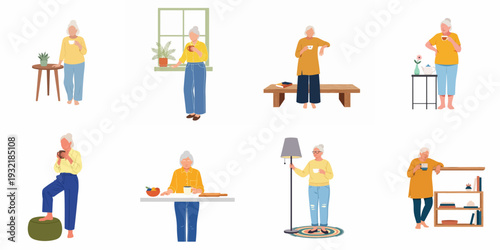 Senior Women Enjoying Coffee and Tea at Home: A Collection of Relaxed Daily Life Scenes